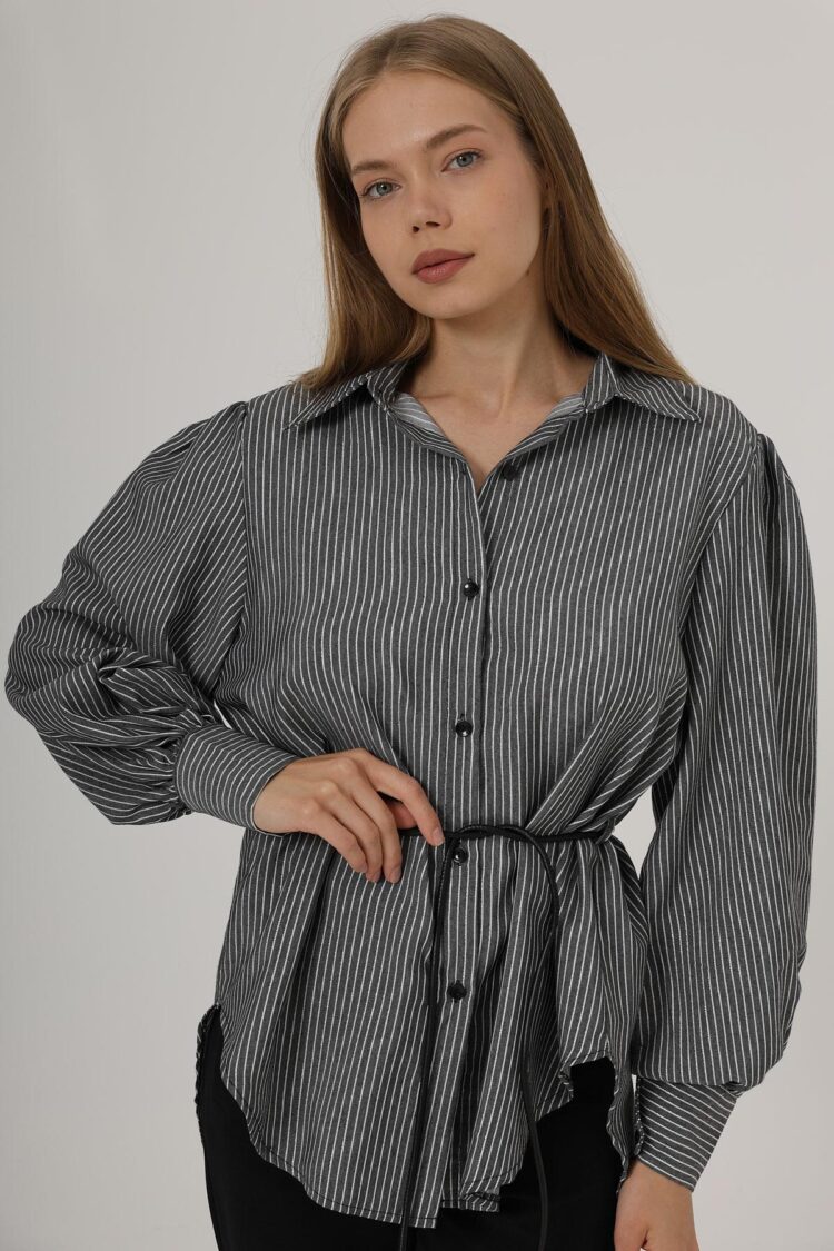 Silvery Striped Belted Shirt - Producer: Reyon - Wholesale Women Clothes - TheBS Women