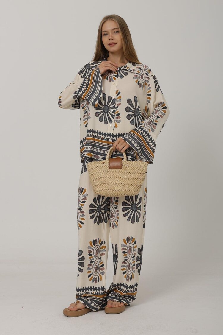 Patterned Sleeves Ruffle Trousers Set - Producer: Reyon - Wholesale Women Clothes - TheBS Women