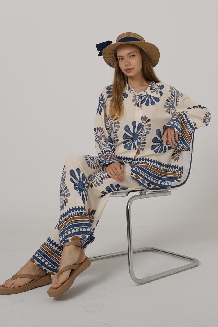 Patterned Sleeves Ruffle Trousers Suit - Producer: Reyon - Wholesale Women Clothes - TheBS Women