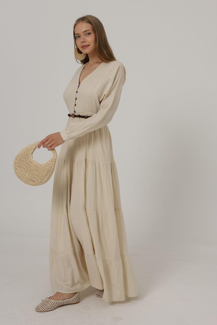 Half Button Front Long Sleeve Belted Dress - Producer: Reyon - Wholesale Women Clothes - TheBS Women