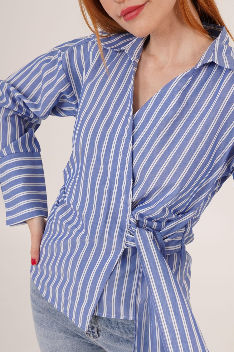 Side Tie Detailed Striped Blue Wholesale Shirt - Brand: Lustrin - Women & Kids, Baby Clothes Wholesale - TheBS Women