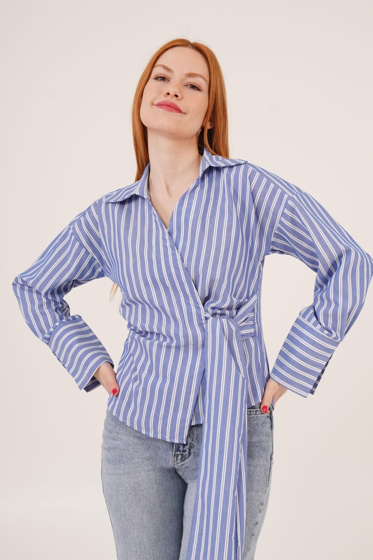Side Tie Detailed Striped Blue Wholesale Shirt - Brand: Lustrin - Women & Kids, Baby Clothes Wholesale - TheBS Women