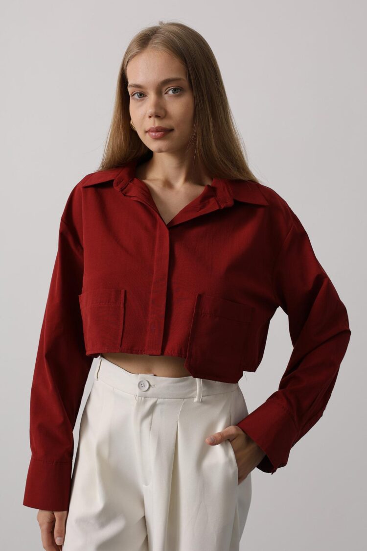 Short Size Double Pocket Shirt - Burgundy - Producer: Reyon - Wholesale Women Clothes - TheBS Women