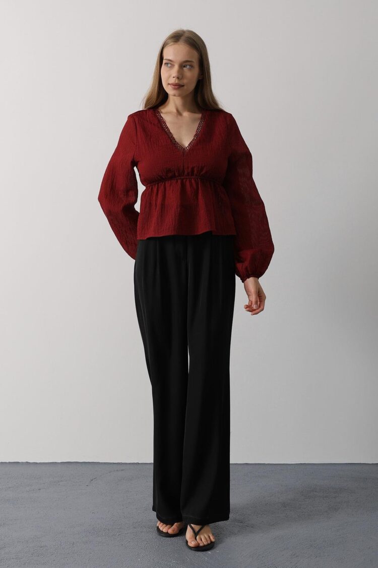 V-Neck Lace Blouse - Burgundy - Producer: Reyon - Wholesale Women Clothes - TheBS Women
