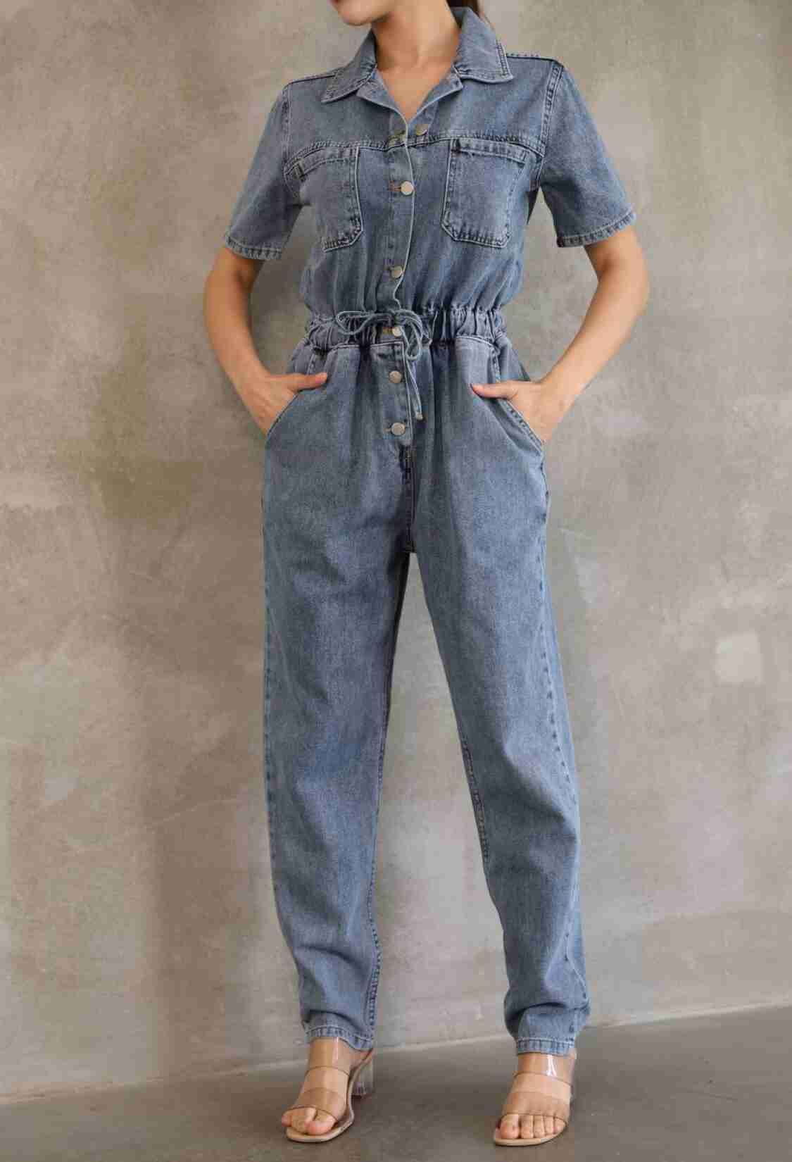 Denim Jumpsuit With Elastic Waist - Brand: Fiori - Women & Kids, Baby Clothes Wholesale - TheBS Women