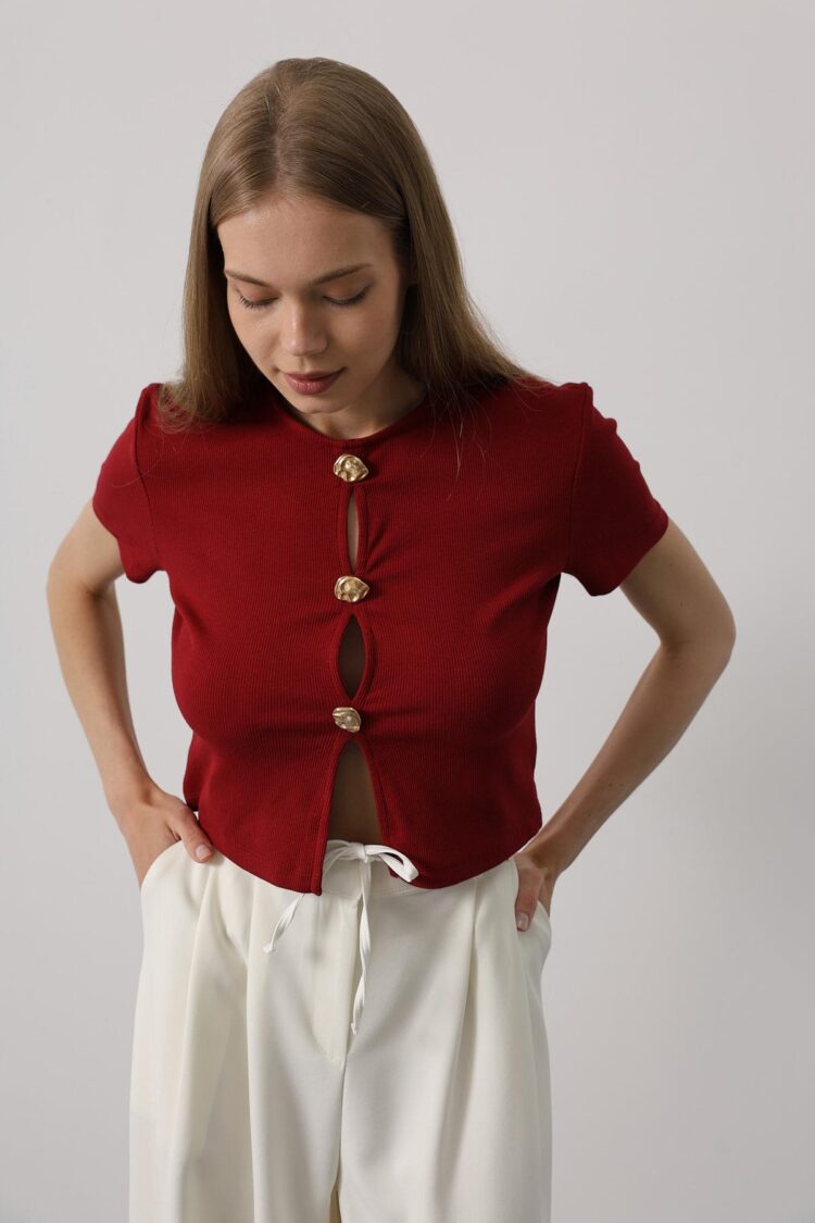 Short Sleeve Button Top - Burgundy - Producer: Reyon - Wholesale Women Clothes - TheBS Women