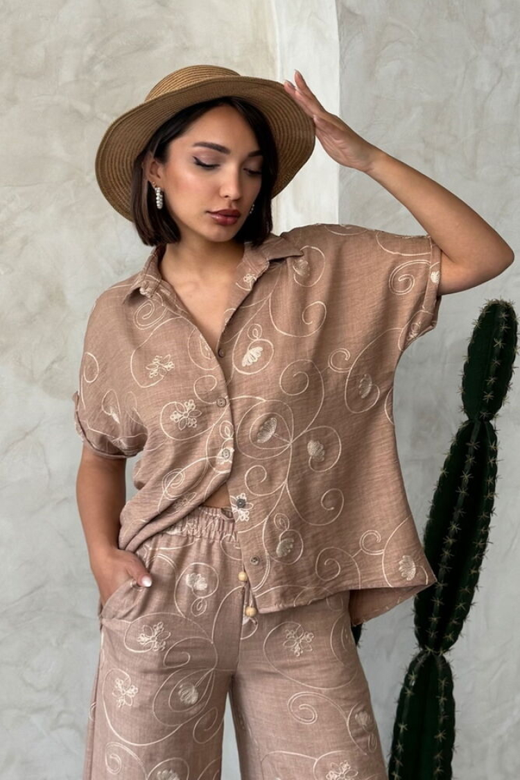 Embroidered Shirt - Light Brown Dsn2 - Producer: Topshow - Wholesale Women Clothes - TheBS Women