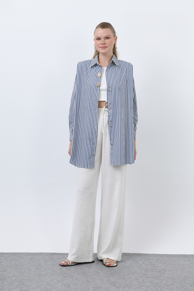Women's Striped Brooch Detailed Shirt - Brand: Puane - Women & Kids, Baby Clothes Wholesale - TheBS Women