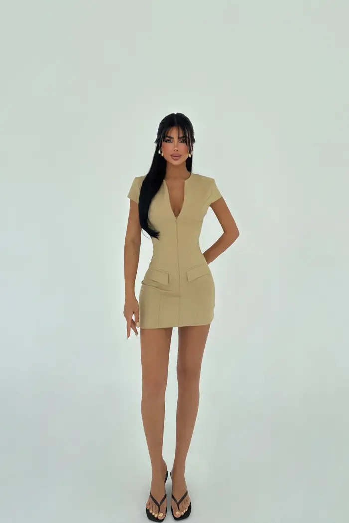 Sexy Elegant Beige Bodycon Mini Dress - Producer: EYYO ATELIER - Wholesale Women Clothes - TheBS Women