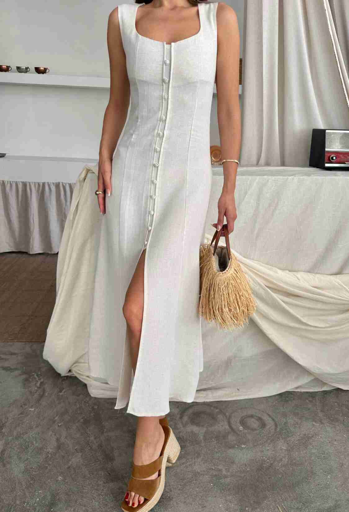 Elegant Beige Sleeveless Slip Dress With Square Neck - Brand: Ello - Women & Kids, Baby Clothes Wholesale - TheBS Women