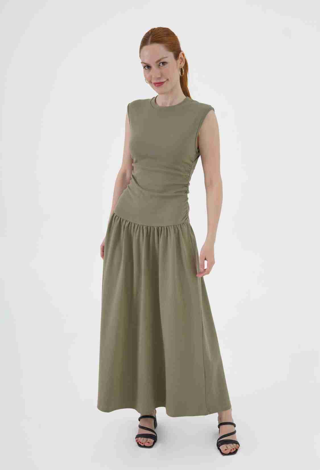 Khaki Fit And Flare Maxi Dress With Cap Sleeves - Brand: Lustrin - Women & Kids, Baby Clothes Wholesale - TheBS Women