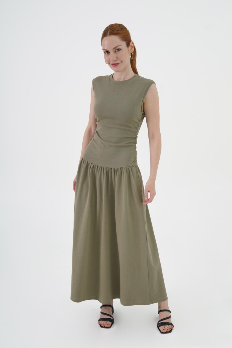 Khaki Fit And Flare Maxi Dress With Cap Sleeves - Brand: Lustrin - Women & Kids, Baby Clothes Wholesale - TheBS Women