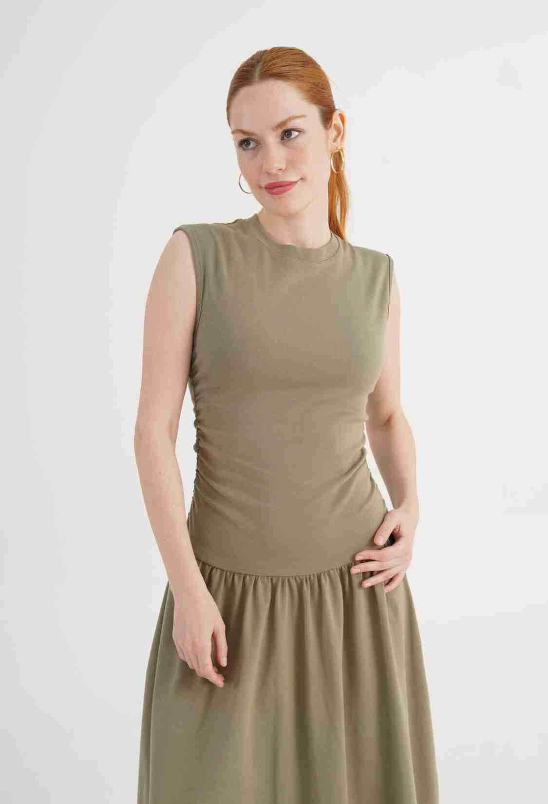 Khaki Fit And Flare Maxi Dress With Cap Sleeves - Brand: Lustrin - Women & Kids, Baby Clothes Wholesale - TheBS Women