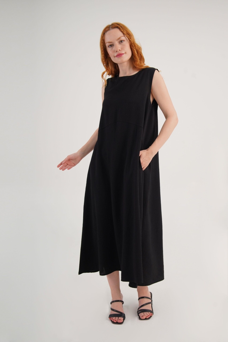 Black A-Line Midi Dress With Cap Sleeves - Brand: Lustrin - Women & Kids, Baby Clothes Wholesale - TheBS Women