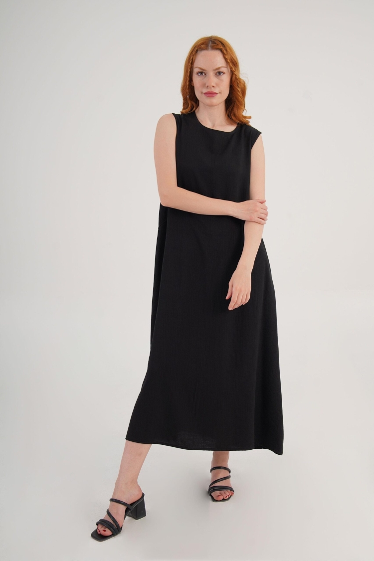 Black A-Line Midi Dress With Cap Sleeves - Brand: Lustrin - Women & Kids, Baby Clothes Wholesale - TheBS Women