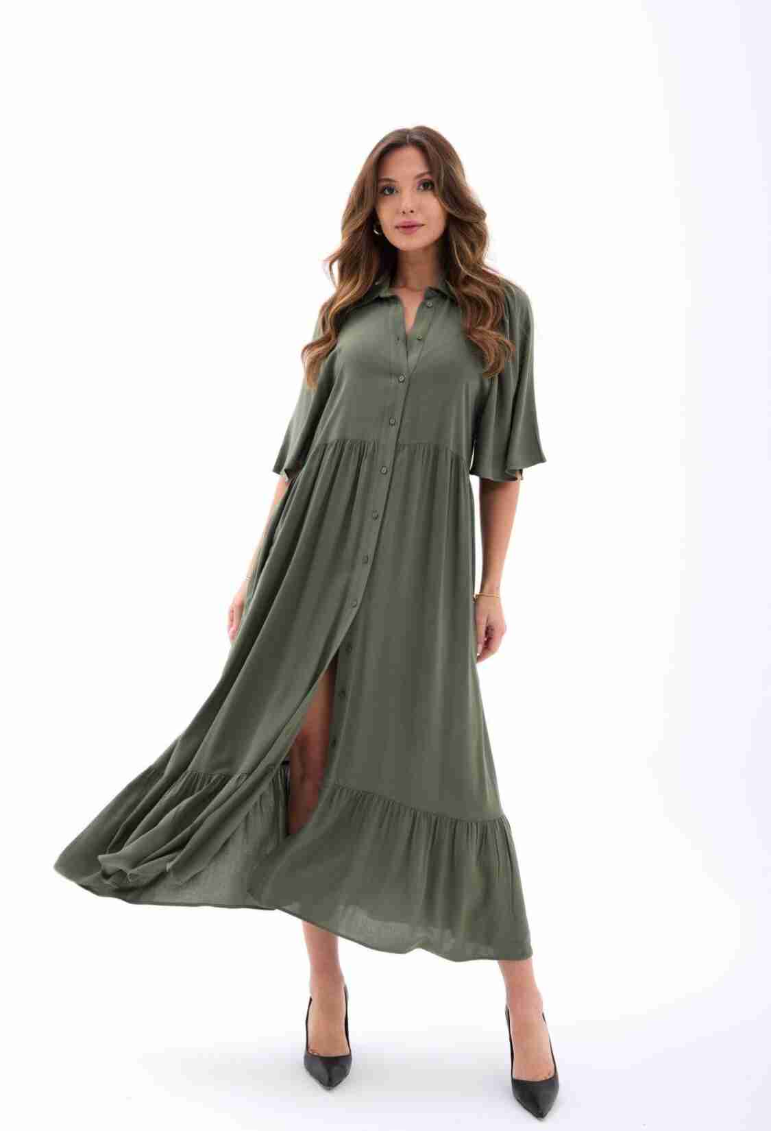 Green Casual Elegant Shirt Dress With Polo Neck - Brand: Fame - Women & Kids, Baby Clothes Wholesale - TheBS Women
