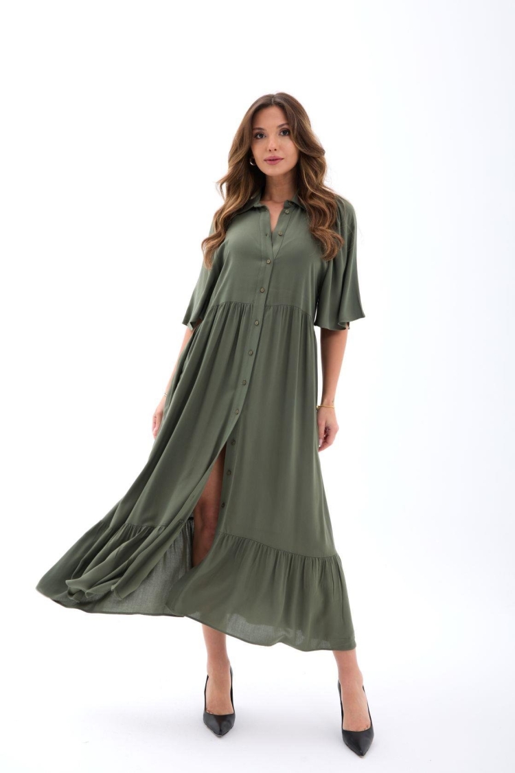 Green Casual Elegant Shirt Dress With Polo Neck - Brand: Fame - Women & Kids, Baby Clothes Wholesale - TheBS Women
