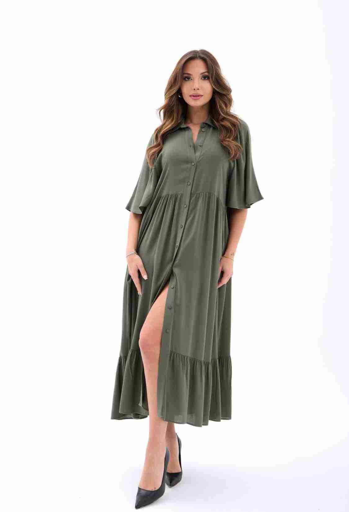 Green Casual Elegant Shirt Dress With Polo Neck - Brand: Fame - Women & Kids, Baby Clothes Wholesale - TheBS Women
