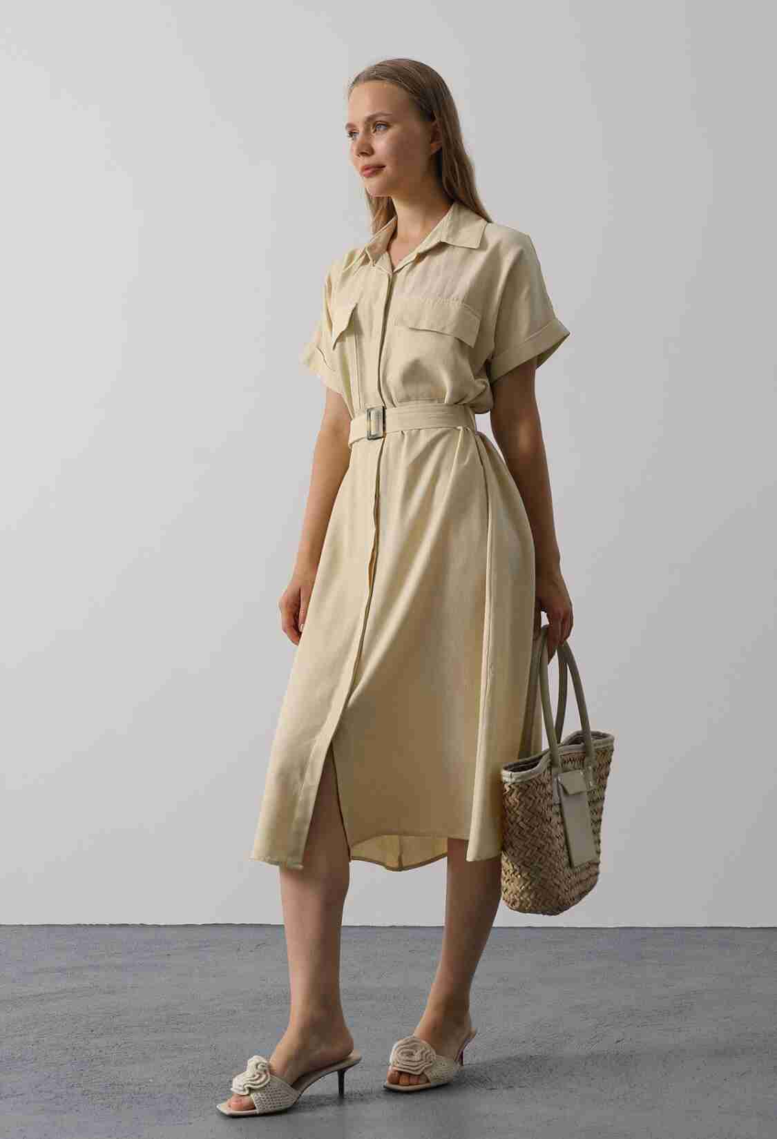 Beige Casual Elegant Midi Shirt Dress - Brand: Reyon - Women & Kids, Baby Clothes Wholesale - TheBS Women