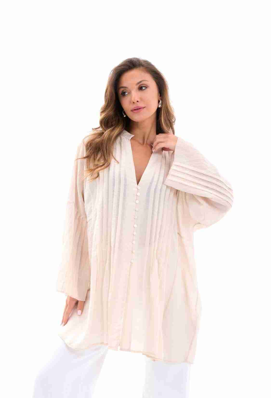 Beige Boho Oversized Shirt With Keyhole Neck - Brand: Fame - Women & Kids, Baby Clothes Wholesale - TheBS Women