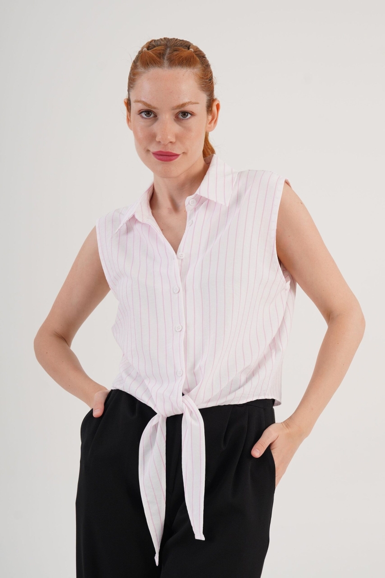 White Striped Casual Shirt With Notched Neck - Brand: Lustrin - Women & Kids, Baby Clothes Wholesale - TheBS Women