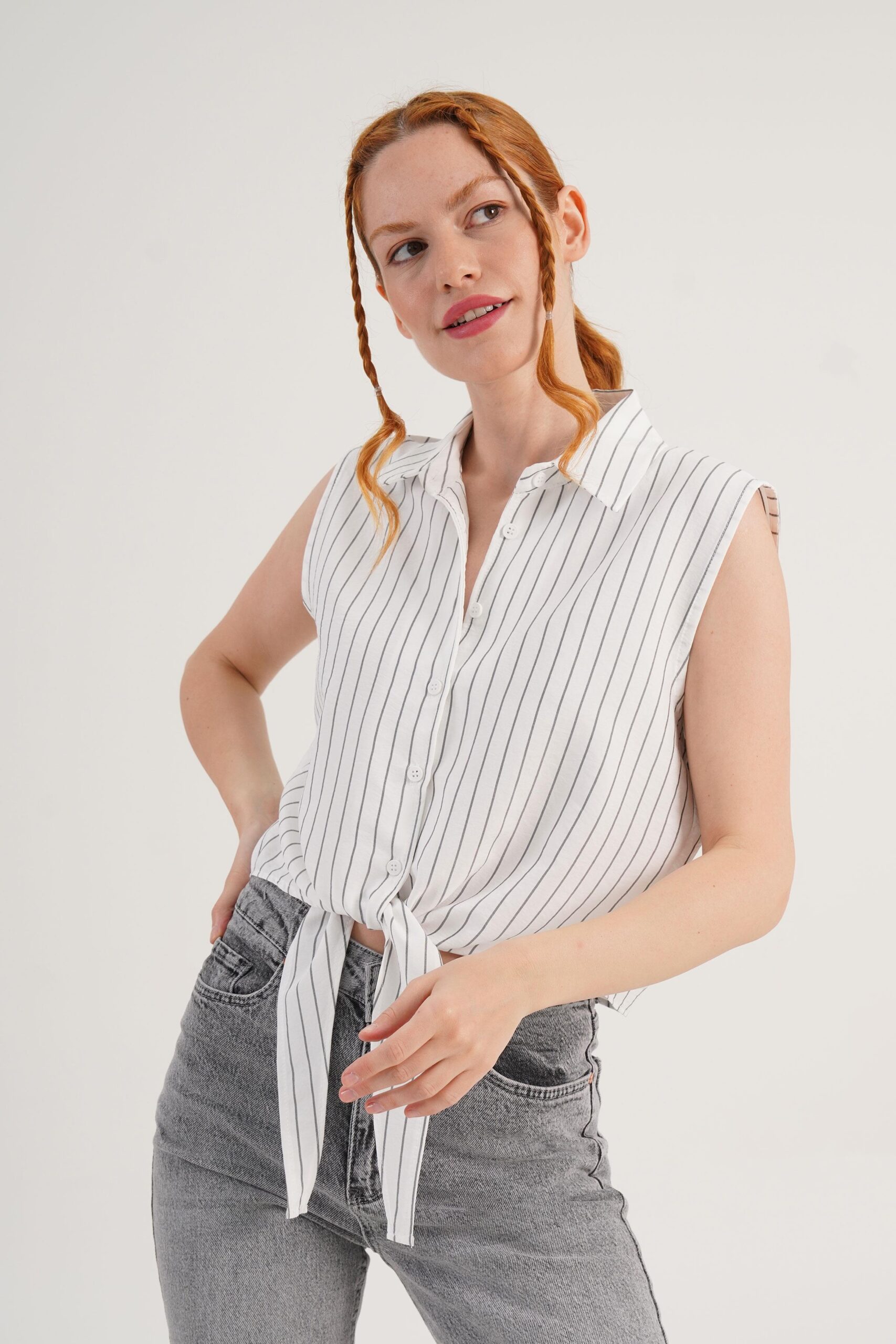 White Casual Striped Sleeveless Crop Shirt - Brand: Lustrin - Women & Kids, Baby Clothes Wholesale - TheBS Women