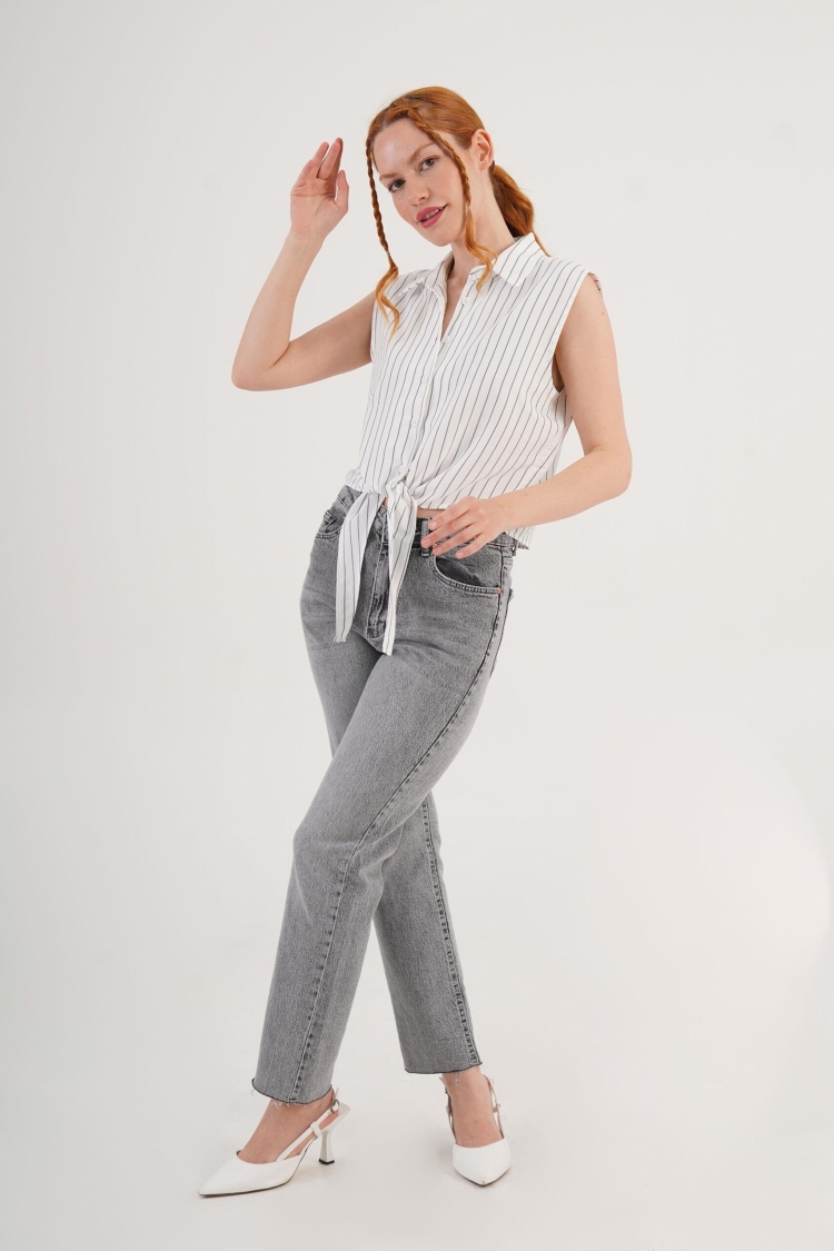 White Casual Striped Sleeveless Crop Shirt - Brand: Lustrin - Women & Kids, Baby Clothes Wholesale - TheBS Women