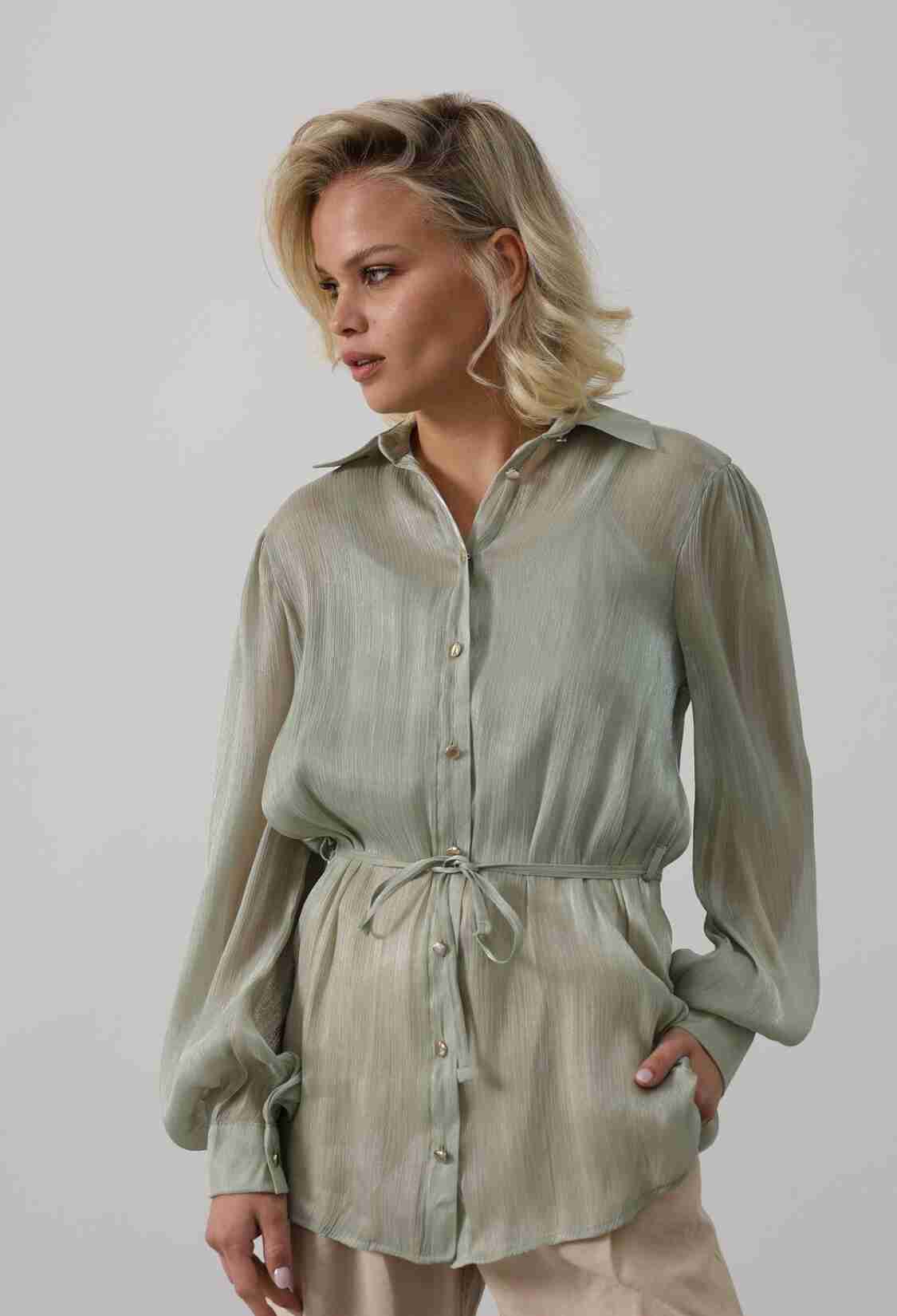 Green Elegant Buttoned Shirt With Ballon Sleeves - Brand: Reyon - Women & Kids, Baby Clothes Wholesale - TheBS Women