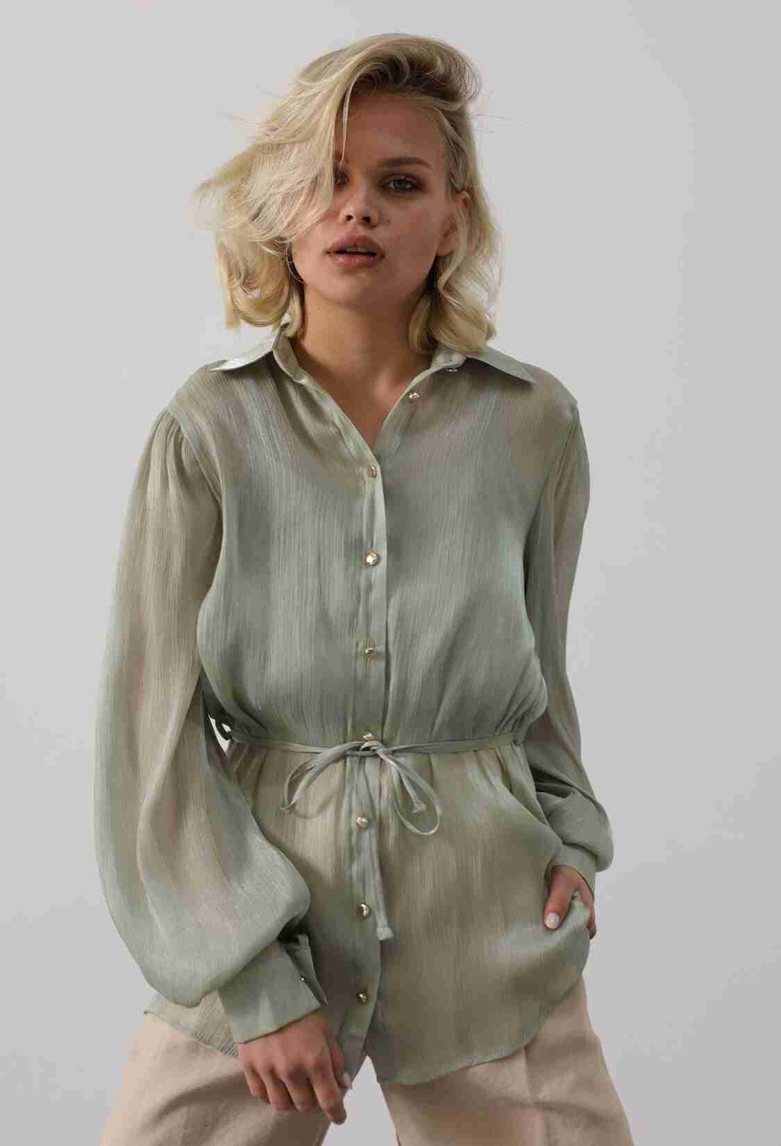 Green Elegant Buttoned Shirt With Ballon Sleeves - Brand: Reyon - Women & Kids, Baby Clothes Wholesale - TheBS Women