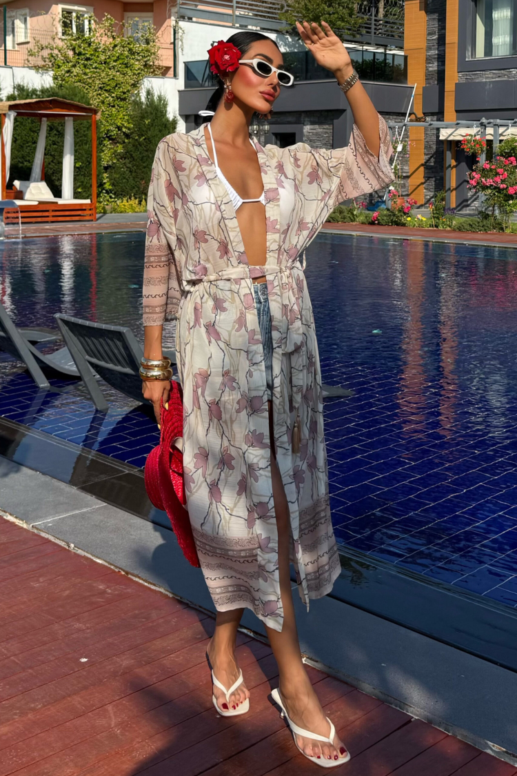 Tassel Detailed Kimono With Water Pipes On Sleeves And Skirt - Ecru & Dusty Rose - Producer: Sobe Istanbul - Wholesale Women Clothes - TheBS Women