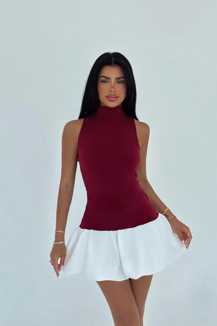 ClaretBabydoll Mini Dress With High Neck - Producer: EYYO ATELIER - Wholesale Women Clothes - TheBS Women