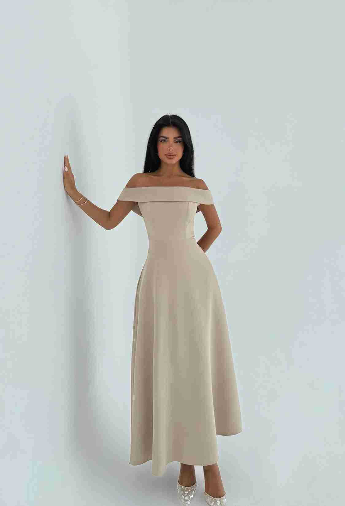 Elegant Beige A-Line Dress With Off Shoulder Neck - Brand: EYYO ATELIER - Women & Kids, Baby Clothes Wholesale - TheBS Women