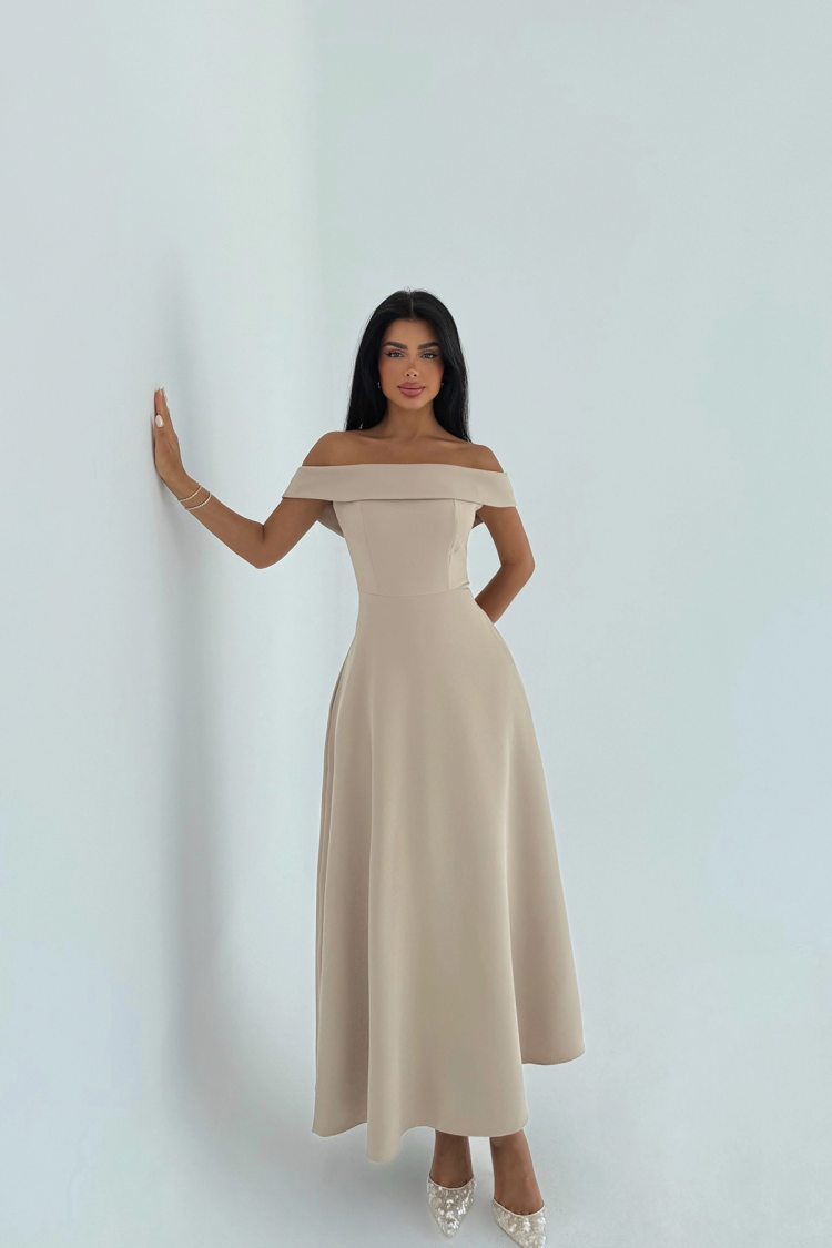 Elegant Beige A-Line Dress With Off Shoulder Neck - Producer: EYYO ATELIER - Wholesale Women Clothes - TheBS Women