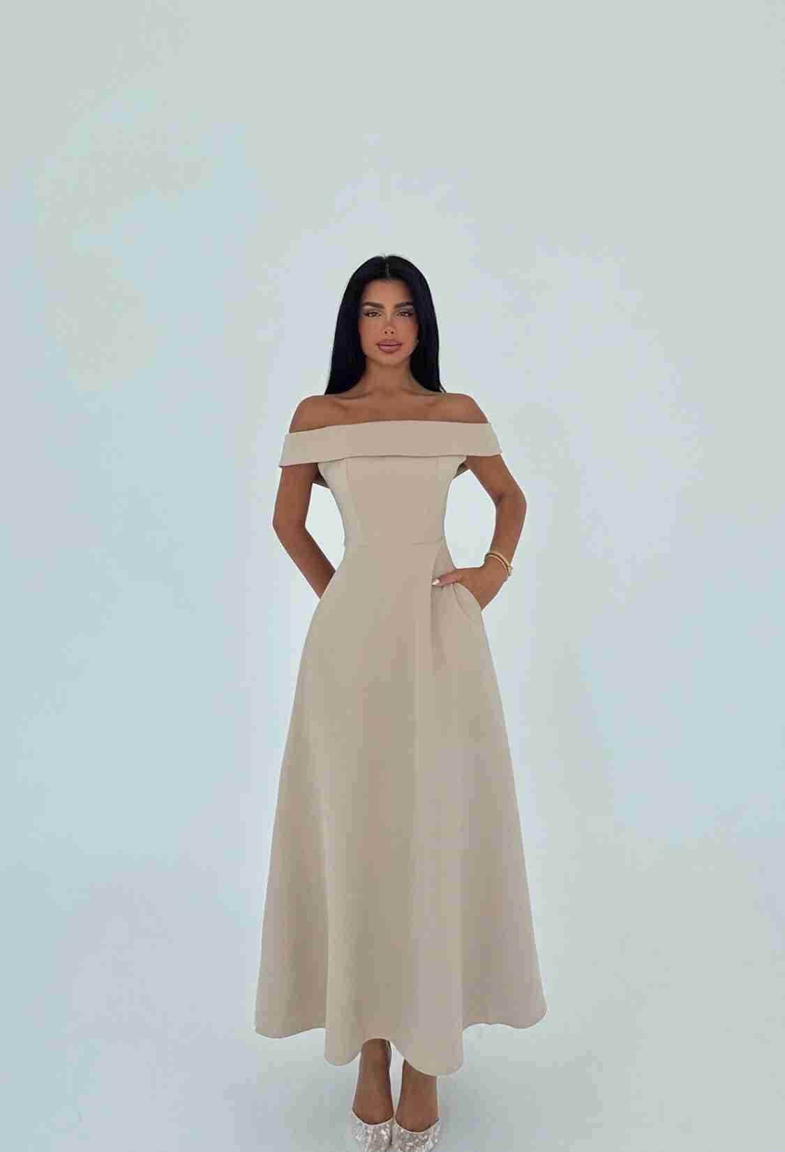 Elegant Beige A-Line Dress With Off Shoulder Neck - Brand: EYYO ATELIER - Women & Kids, Baby Clothes Wholesale - TheBS Women