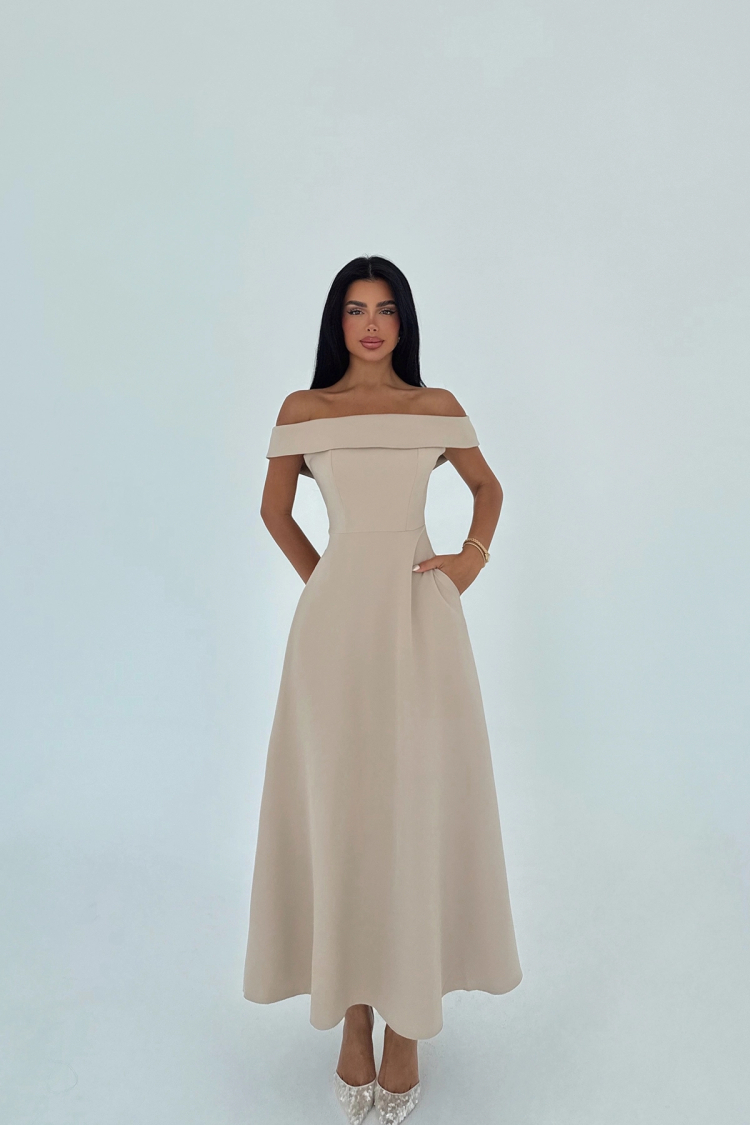 Elegant Beige A-Line Dress With Off Shoulder Neck - Brand: EYYO ATELIER - Women & Kids, Baby Clothes Wholesale - TheBS Women