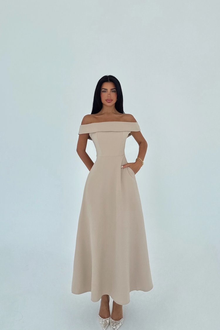 Elegant Beige A-Line Dress With Off Shoulder Neck - Producer: EYYO ATELIER - Wholesale Women Clothes - TheBS Women