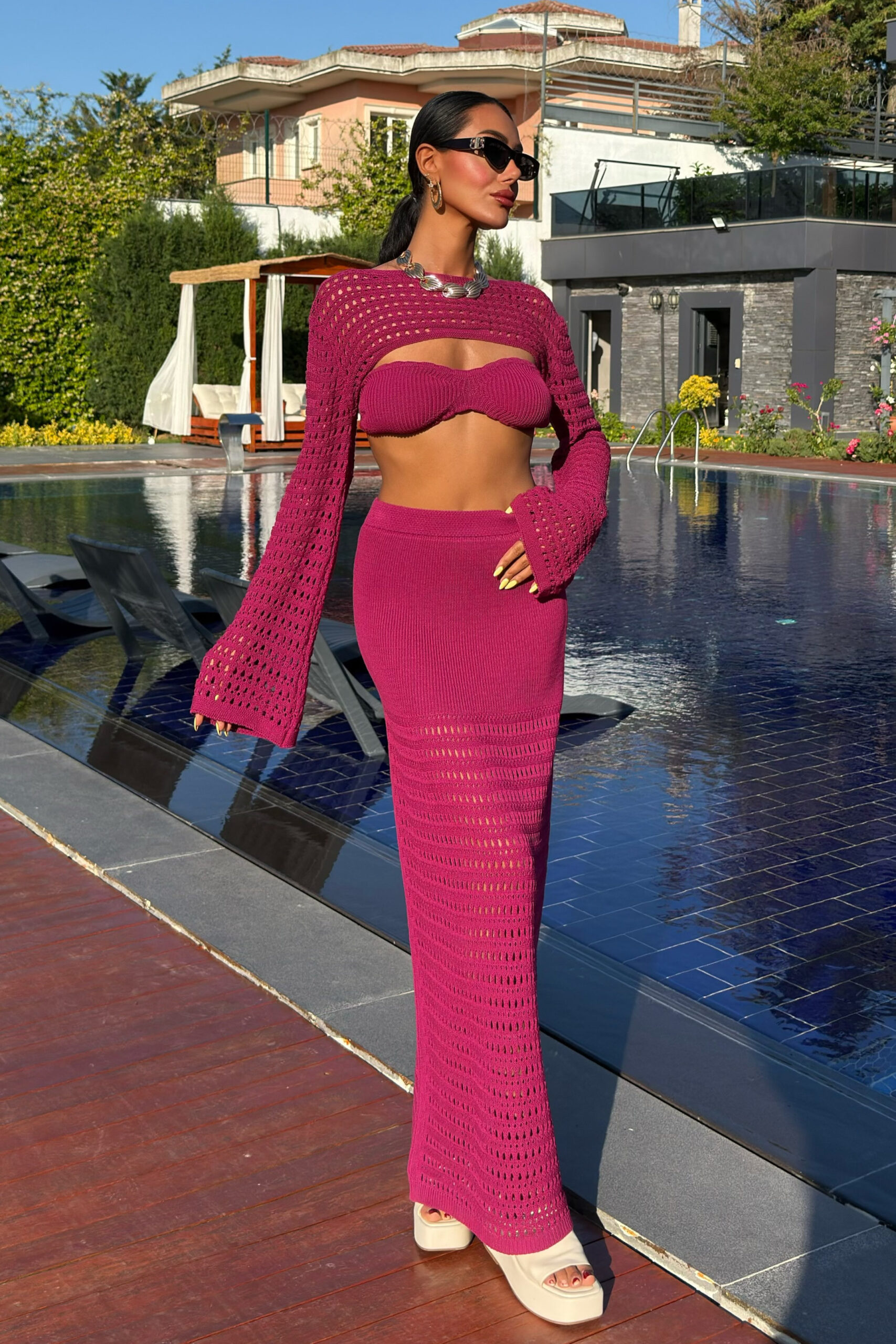 Openwork Triple Set With Bustier And Bolero - Plum - Producer: Sobe Istanbul - Wholesale Women Clothes - TheBS Women
