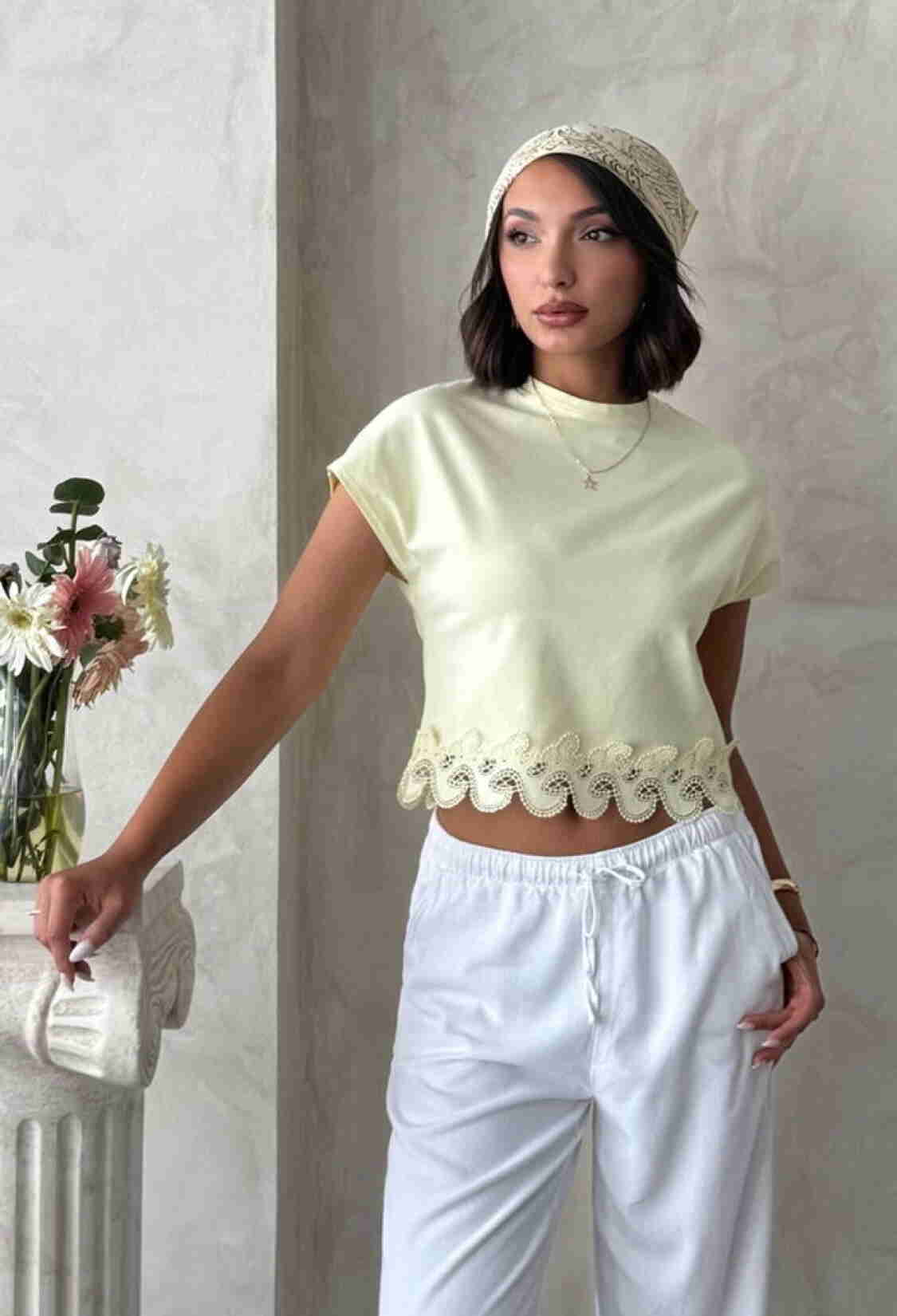 Beige Slim Fit Crop Blouse With Cap Sleeves - Brand: Topshow - Women & Kids, Baby Clothes Wholesale - TheBS Women
