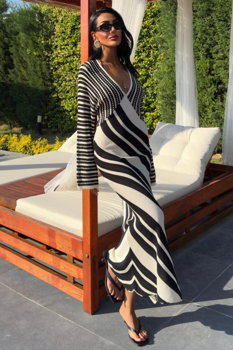 Stripe Combination V-Neck Dress - Multicolor - Producer: Sobe Istanbul - Wholesale Women Clothes - TheBS Women