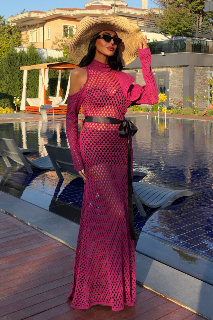 Satin Belt Openwork Knitwear Dress - Plum - Producer: Sobe Istanbul - Wholesale Women Clothes - TheBS Women