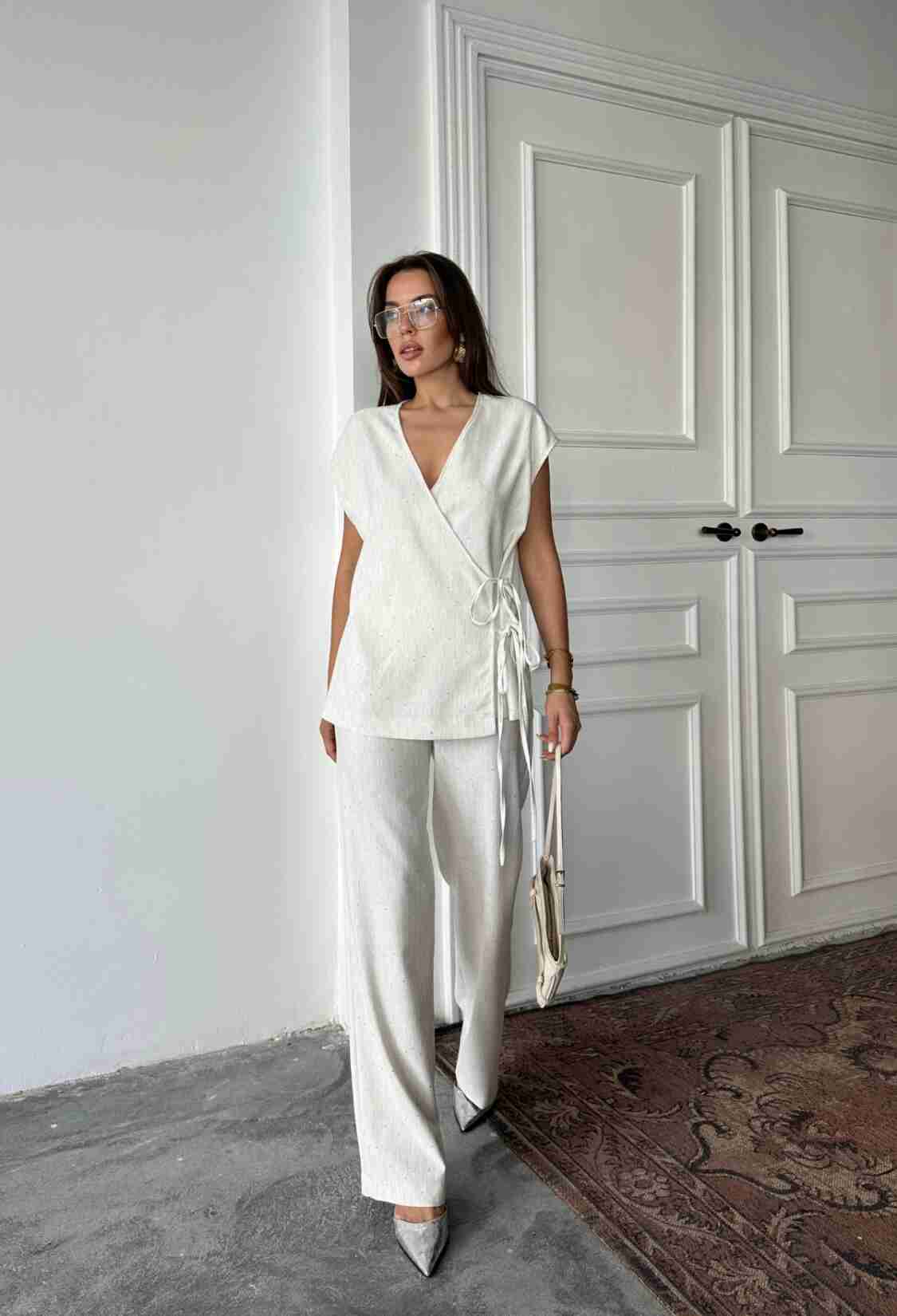White Elegant Palazzo Pants Tie Set - Brand: Ello - Women & Kids, Baby Clothes Wholesale - TheBS Women