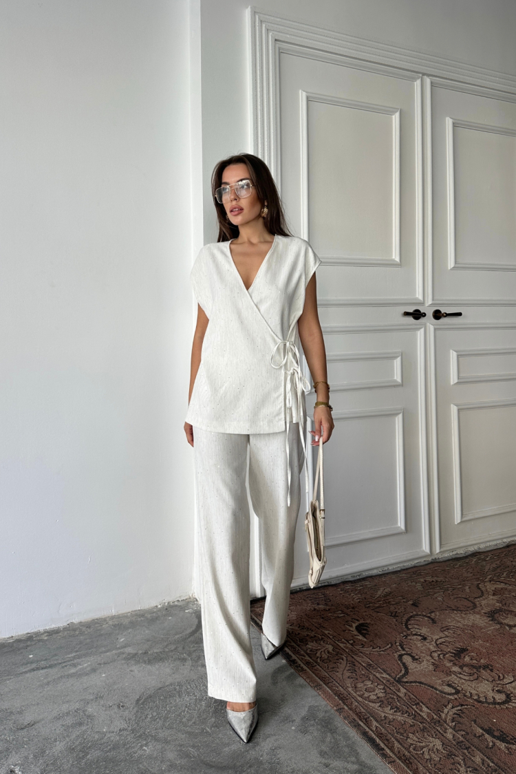 White Elegant Palazzo Pants Tie Set - Brand: Ello - Women & Kids, Baby Clothes Wholesale - TheBS Women