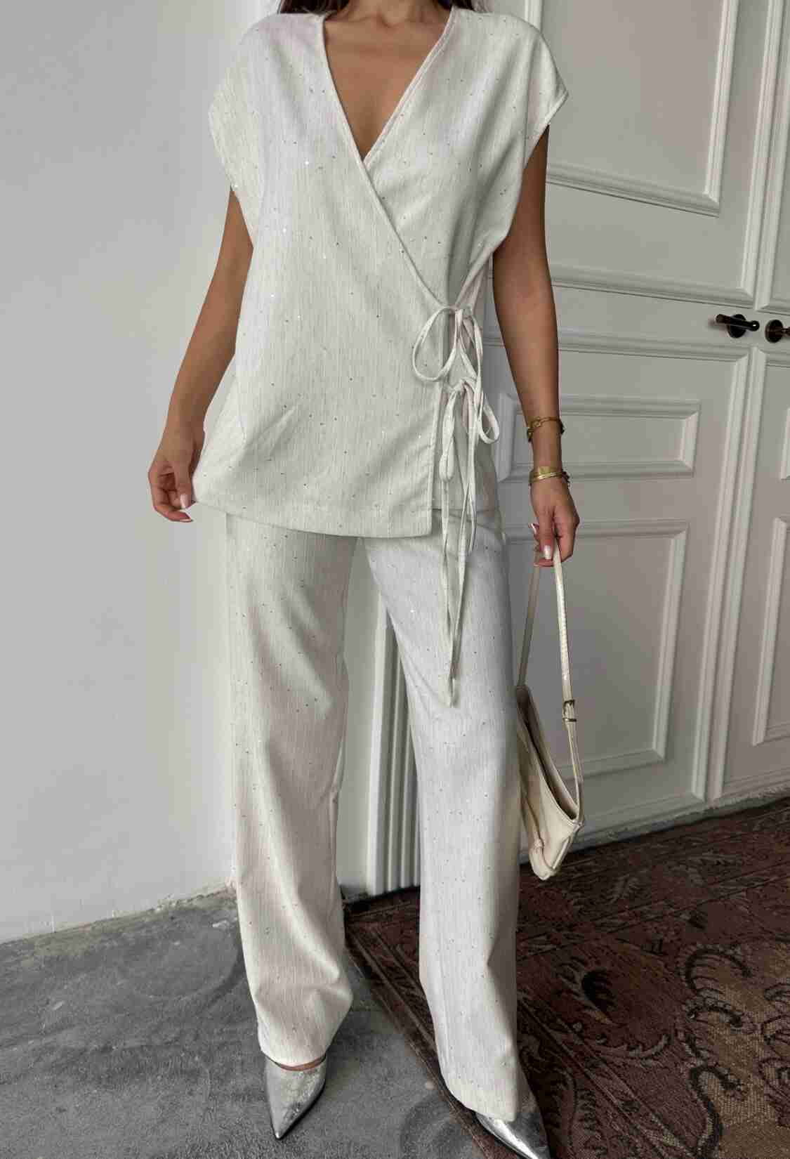 White Elegant Palazzo Pants Tie Set - Brand: Ello - Women & Kids, Baby Clothes Wholesale - TheBS Women