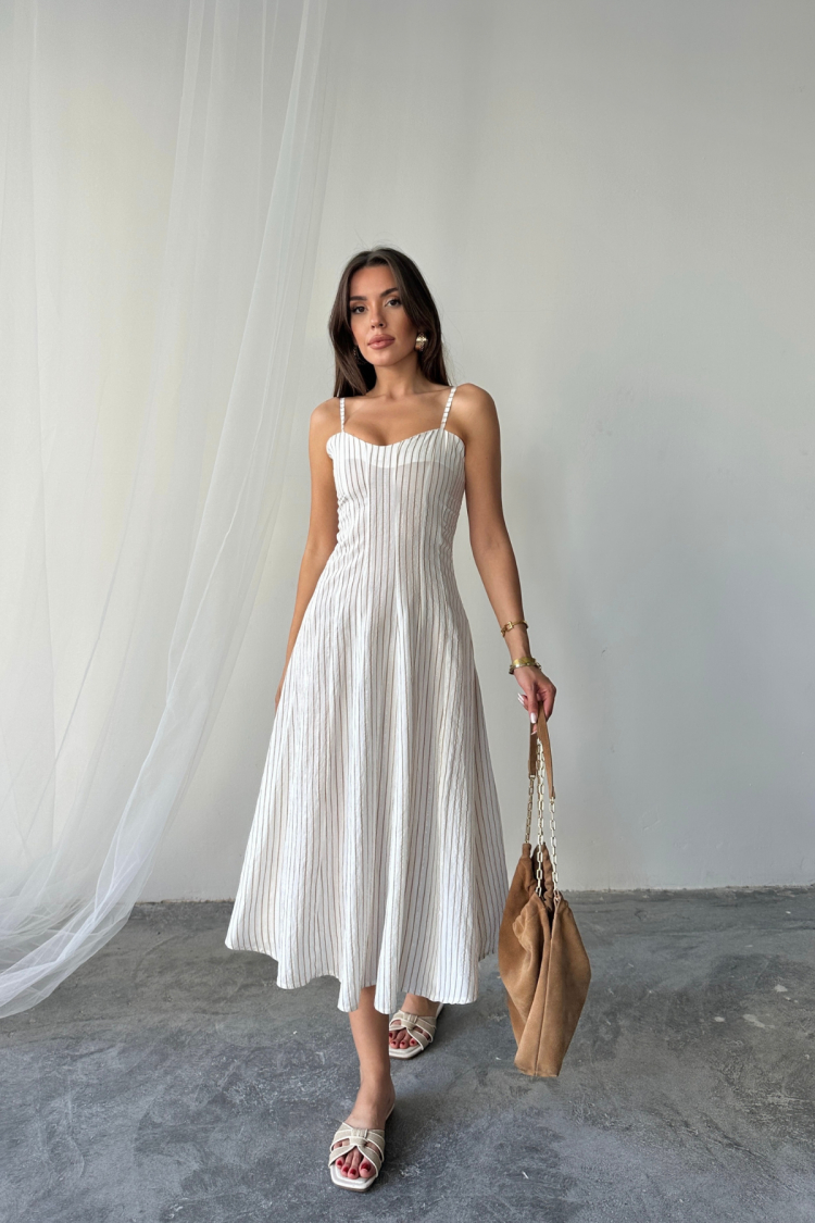 White Striped Midi Cami Dress With Sweetheart Neck - Brand: Ello - Women & Kids, Baby Clothes Wholesale - TheBS Women