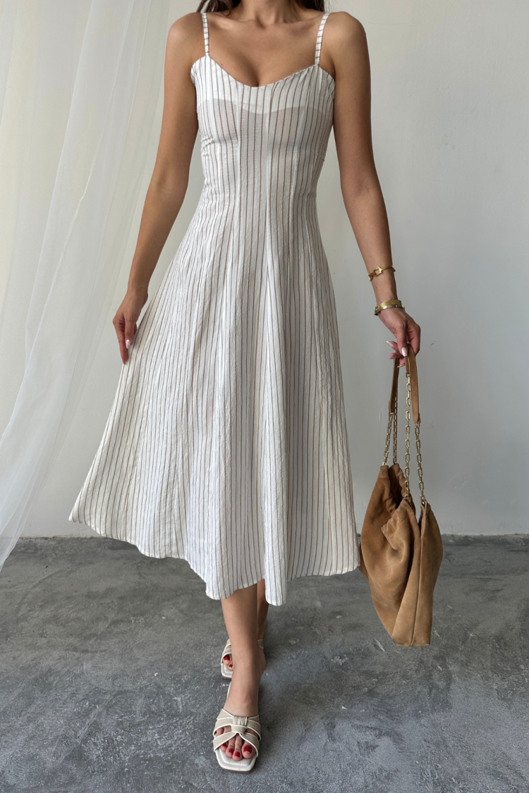 White Striped Midi Cami Dress With Sweetheart Neck - Brand: Ello - Women & Kids, Baby Clothes Wholesale - TheBS Women