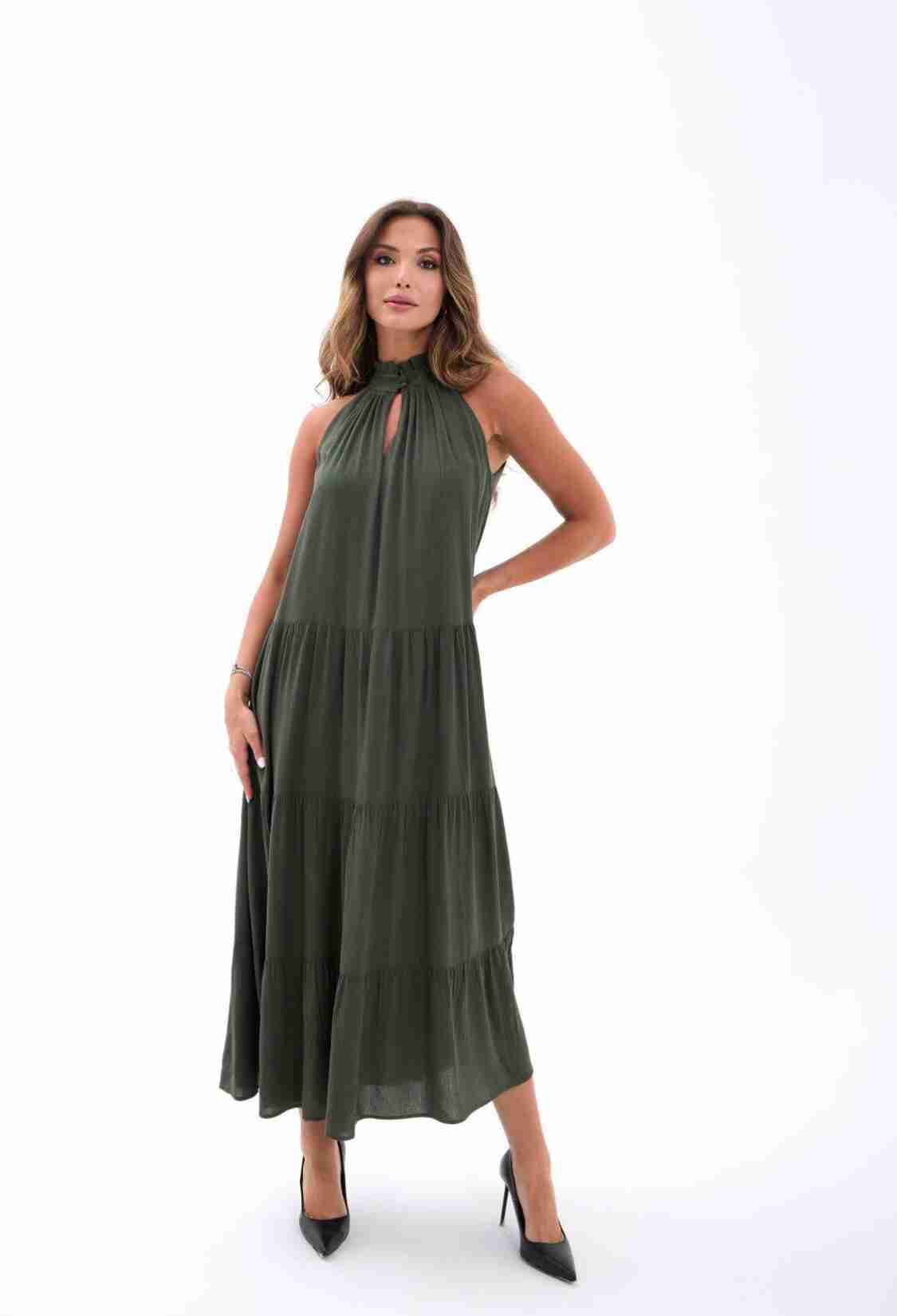 Green A-Line Sleeveless High Neck Midi Dress - Brand: Fame - Women & Kids, Baby Clothes Wholesale - TheBS Women