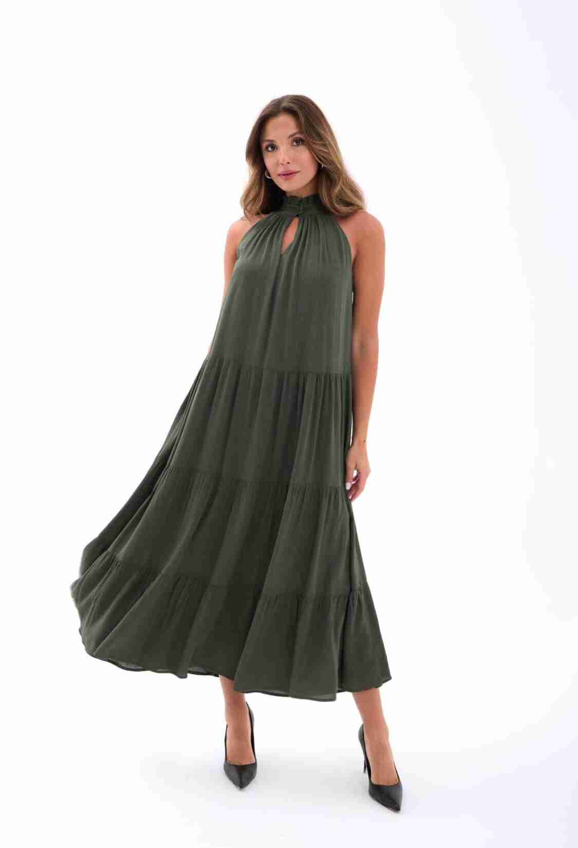 Green A-Line Sleeveless High Neck Midi Dress - Brand: Fame - Women & Kids, Baby Clothes Wholesale - TheBS Women