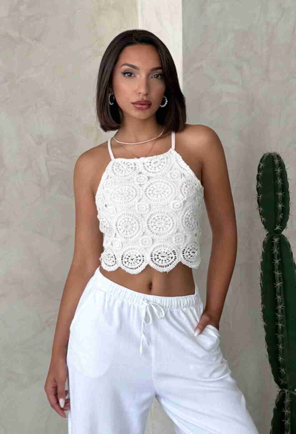 White Blouse Slim Fit Halter Neck Crop Casual - Brand: Topshow - Women & Kids, Baby Clothes Wholesale - TheBS Women
