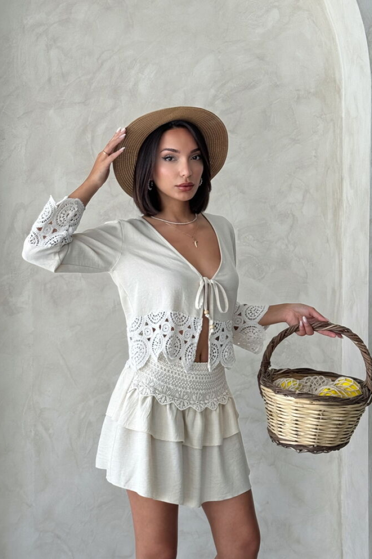 Beige Boho Layered Mini Skirt With Tie Closure - Producer: Topshow - Wholesale Women Clothes - TheBS Women
