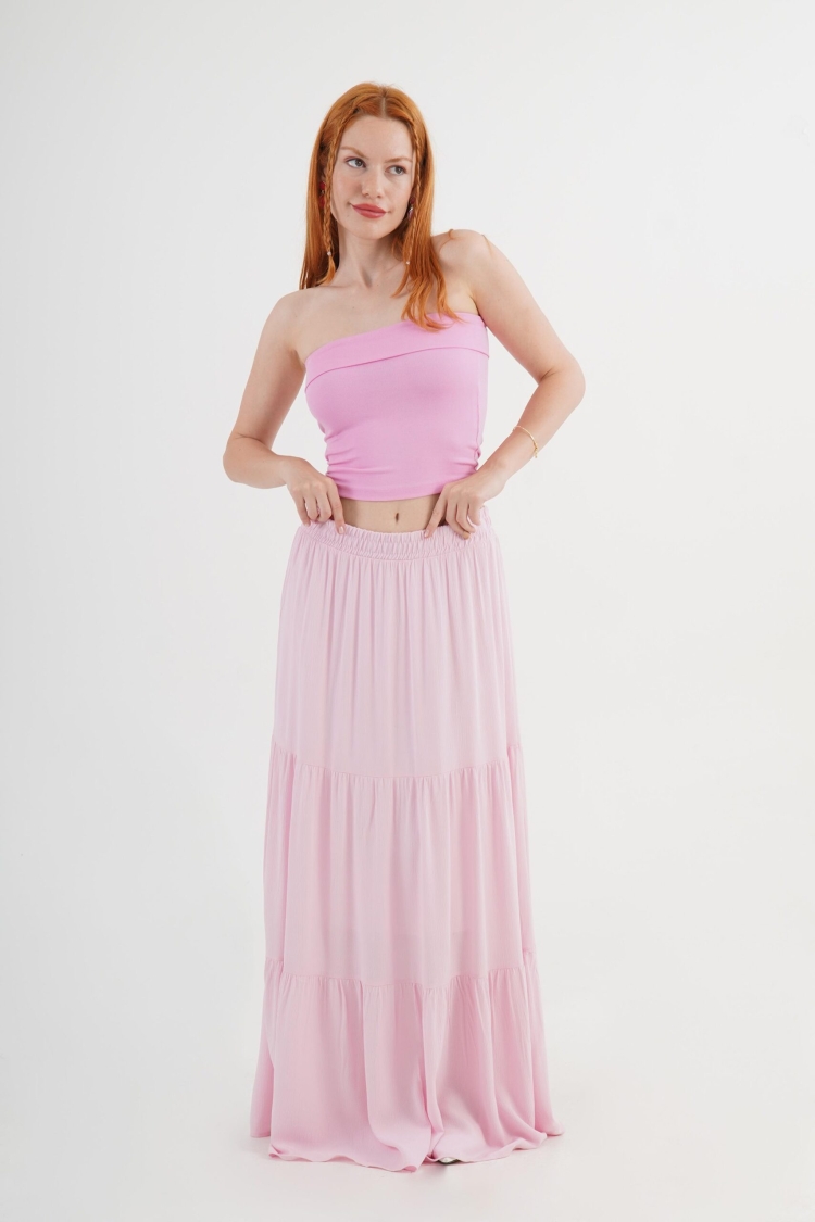 Pink Layered Maxi Skirt Mid Waist Casual Boho - Brand: Lustrin - Women & Kids, Baby Clothes Wholesale - TheBS Women